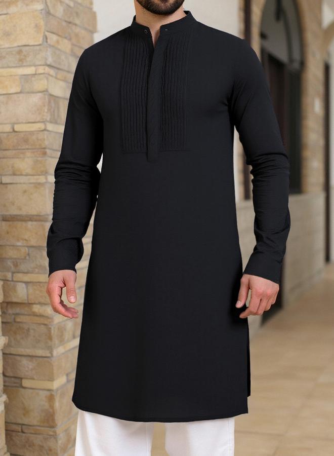 Take Two Men Black Plain Kurta with Stand Collar - Image 1